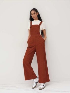 Cider Wide-Leg Corduroy Overalls in Rust